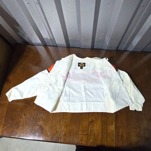Vtg Harley-Davidson Womens White & Orange Jacket Logo Cropped Racing Bikercore - Picture 2 of 11